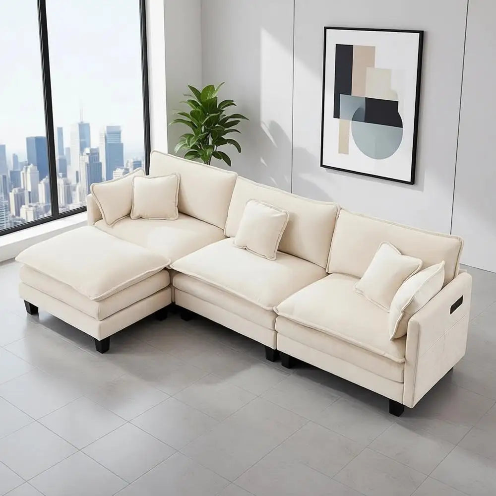 110 L-Shaped Sofa Set with Ottoman, 4-Seat Comfortable Living Room Couch, Deep Seating, Beige Chenille Fabric