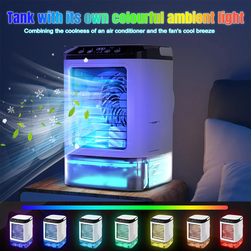Mini Portable Evaporative Air Cooler 3 Speed Wind Mist Humidifier 7 Color Ambient Light Ice Box Desktop Cooling Fan for Home Office