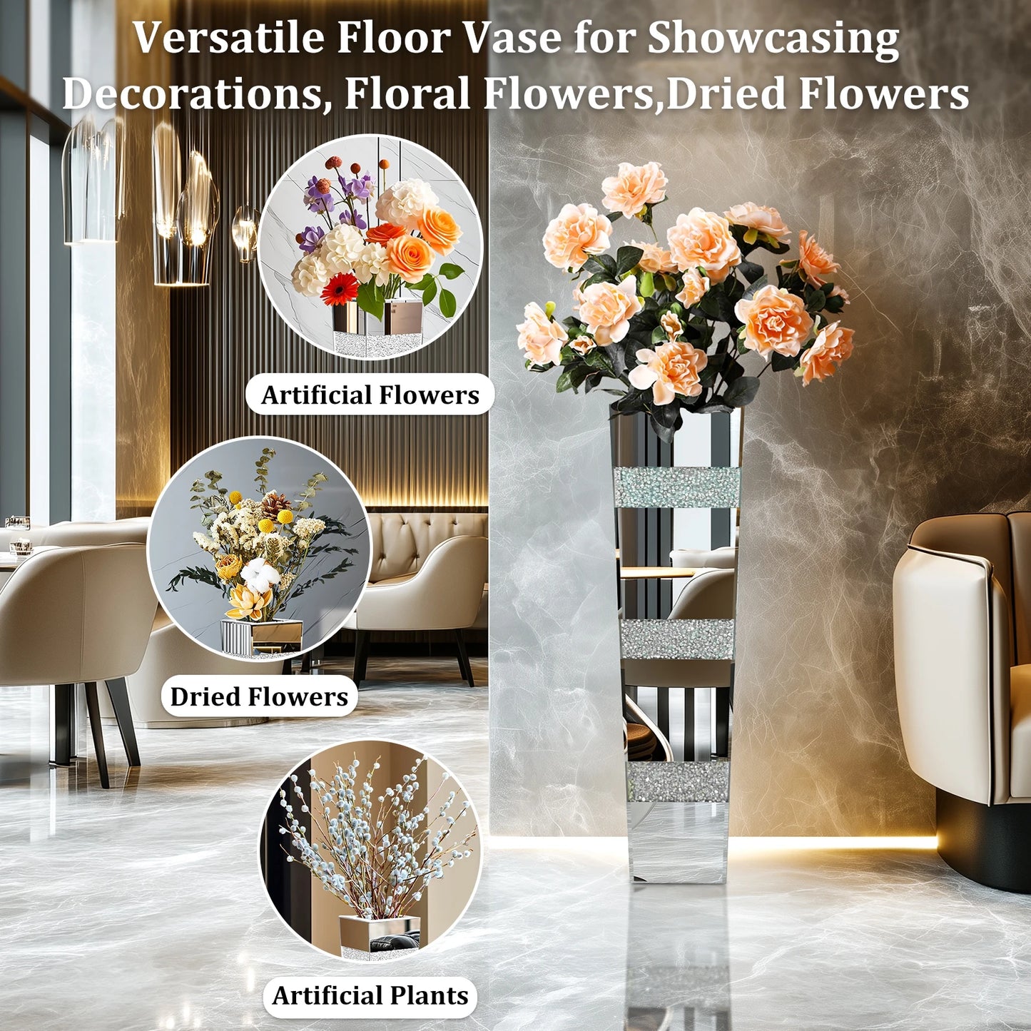 Tall Floor Flower Vase Crystal Diamond Decor Vase Mirrored Living Room Vase