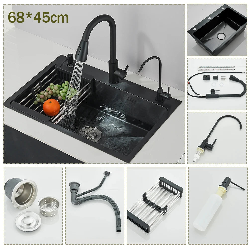 Stainless Steel Kitchen Sink Large Integrated Faucet Sink Dish Basin With Drain Basket Soap Dispenser/Pure Water/Cup Washer