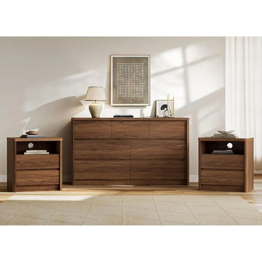 Walnut 3-Piece Bedroom Set with 55 Wide 7-Drawer Dresser, 2 Nightstands, USB Ports & Type C Charging Stations