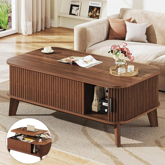 37.4 Large Walnut Coffee Table with Storage and Sliding Door for Living Room & Home Office