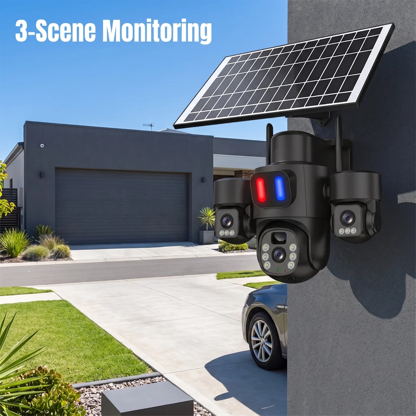 Solar Powered 3 Lens Security Camera Wireless WiFi PTZ Camera 3 Screen Full Color Night Vision Motion Detection Sound Light Alarm Outdoor Surveillance Camera