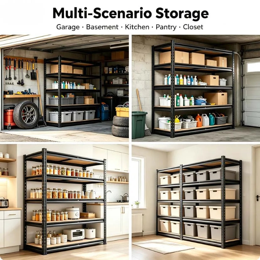 Heavy Duty Metal Storage Rack 5 Tier Adjustable Utility Shelving Unit with MDF Board Garage Organizer Tool Shelf for Basement Warehouse Kitchen Pantry Closet Multi-Purpose Storage Display Rack