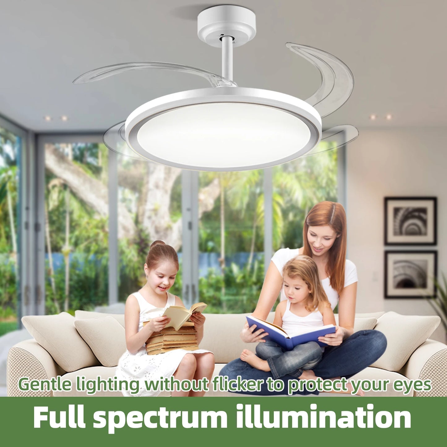 Slim Retractable Ceiling Fan With Light And App/Remote Control, 42Inch Modern Smart Ceiling Fan With Bluetooth Speaker, Dimmable Full Spectrum With Memory, 6-Speed Reversible Fan