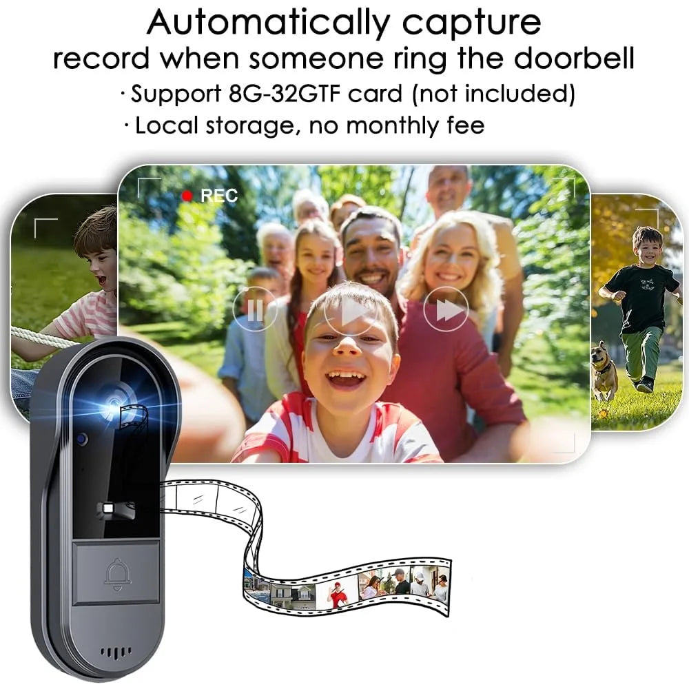 Wireless Doorbell Camera with 1080P Resolution, Monitor Screen, Free Storage, Night Vision, and 170° View Angle