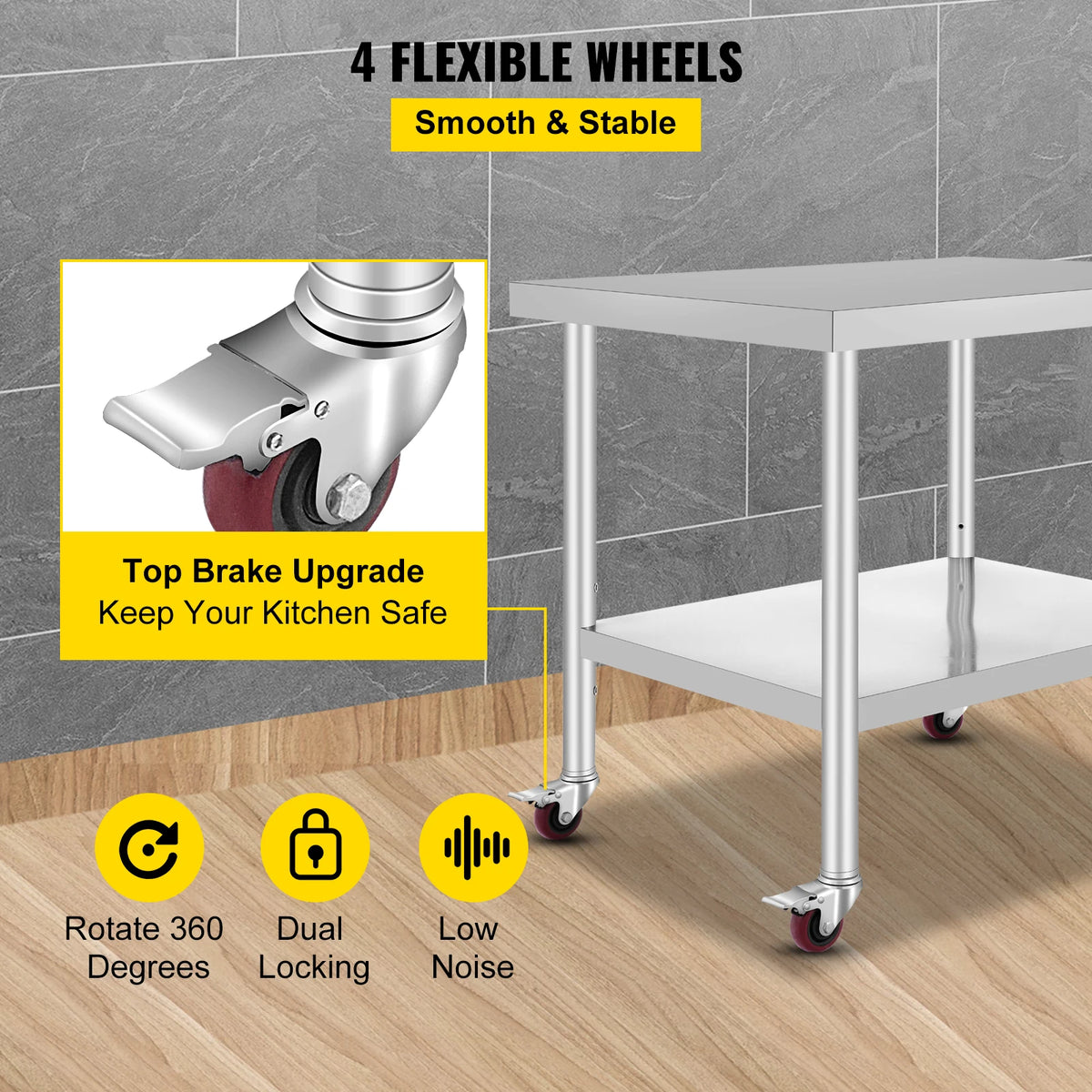 SucceBuy Stainless Steel Kitchen Prep Table With 4 Caster Wheels & Backsplash Loads Up to 100-300KG for Home Storage Rack Dining