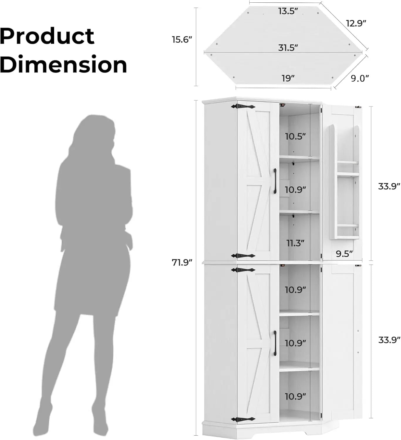 IRONCK Corner Cabinet, 72" Kitchen Pantry Cabinet, 6-Tier Freestanding Farmhouse Pantry with 2 Adjustable Shelves for Kitchen