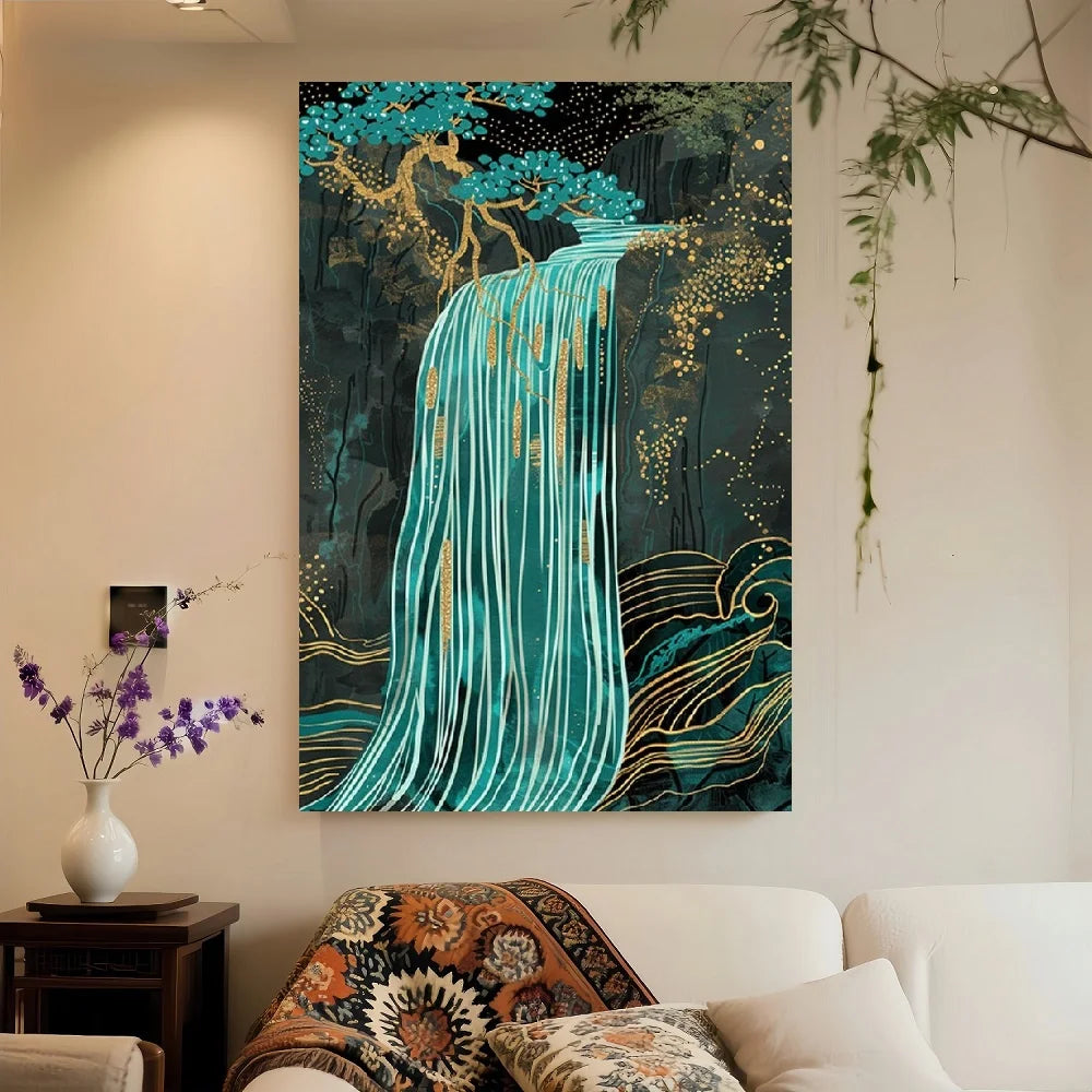 Framed Flat, 1pc Modern Abstract Waterfall Forest Wall Art - Vertical Teal Golden Framed Canvas, Stretched Wrap-Around Suitable