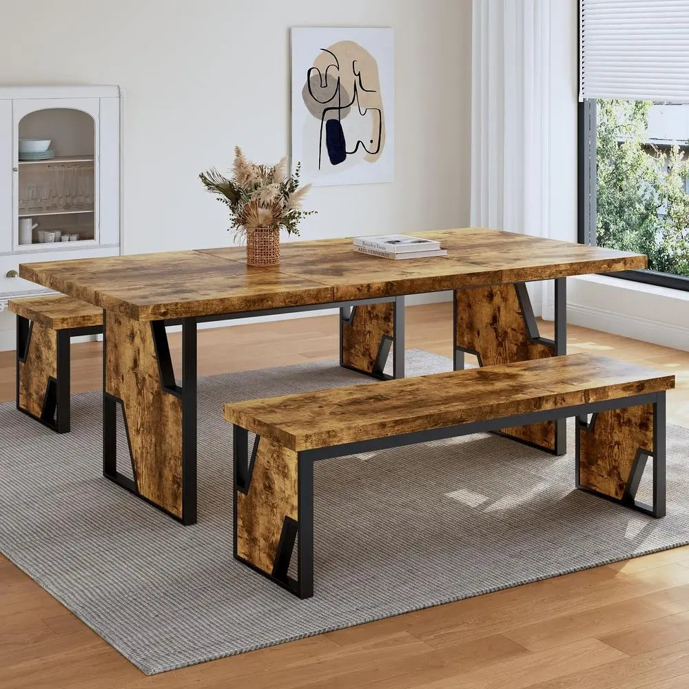 60 Solid Wood Dining Table Set for 6, Farmhouse Kitchen Table with 4 Upholstered Chairs amp Bench, 6Piece Dining Room amp Livin