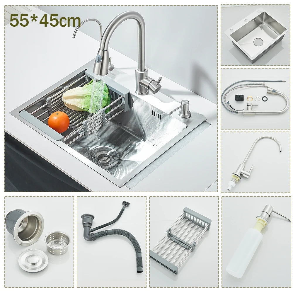Stainless Steel Kitchen Sink Large Integrated Faucet Sink Dish Basin With Drain Basket Soap Dispenser/Pure Water/Cup Washer