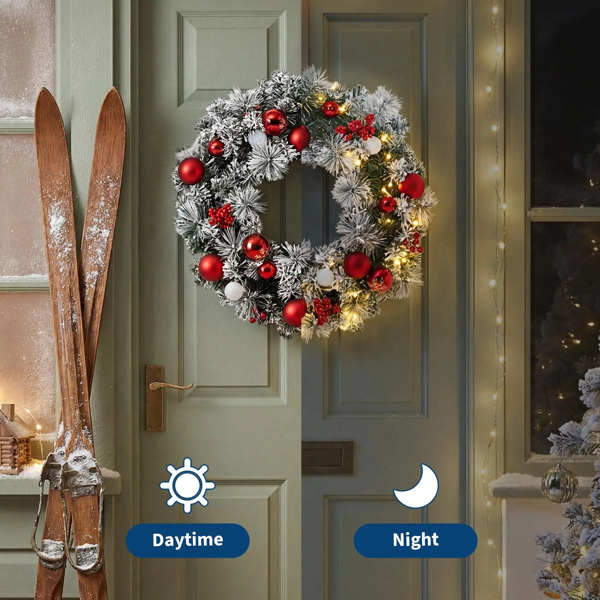 18/22/24in Pre-Lit Flocked Christmas Wreath With Red Ornaments Berries, Battery Warm White Led Snowy Pine Door Wall Mantel Decor