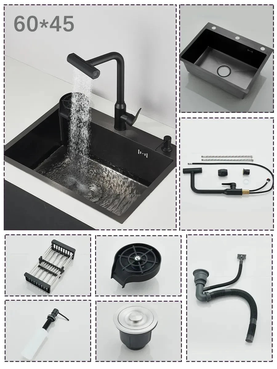 Stainless Steel Kitchen Sink Large Integrated Faucet Sink Dish Basin With Drain Basket Soap Dispenser/Pure Water/Cup Washer