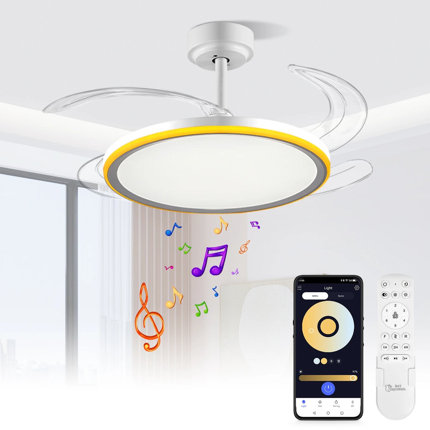 Slim Retractable Ceiling Fan With Light And App/Remote Control, 42Inch Modern Smart Ceiling Fan With Bluetooth Speaker, Dimmable Full Spectrum With Memory, 6-Speed Reversible Fan