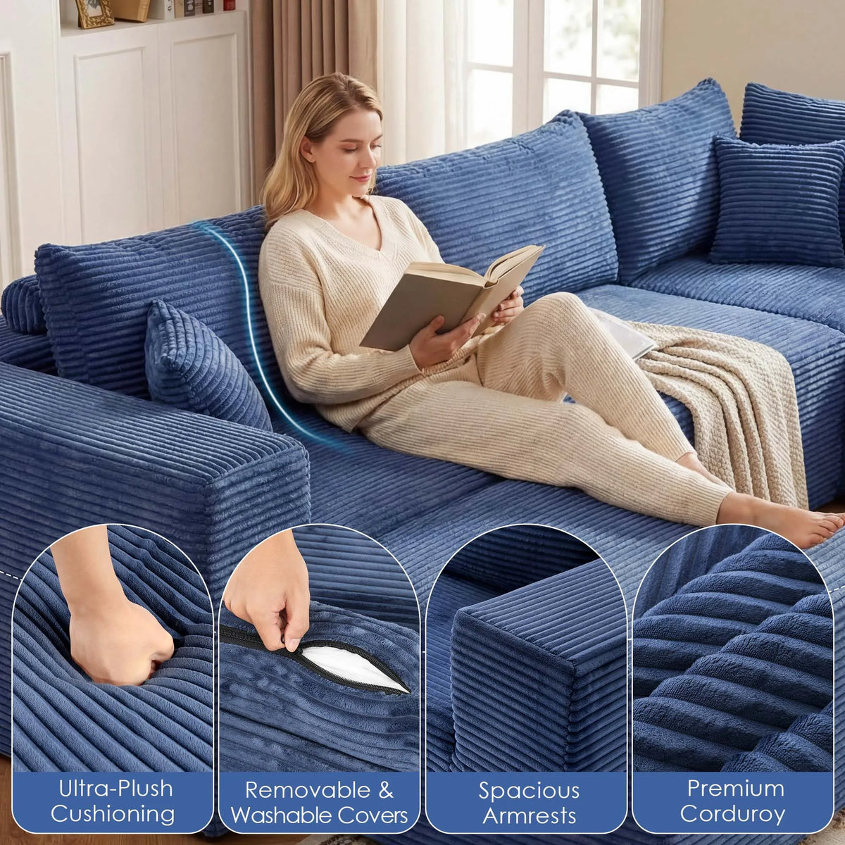Redlife 107" Boneless Couch with Ottoman, 6 Seat Modular Sectional Sofa,Blue Corduroy Upholstery,28" Deep Seat,Removable Covers