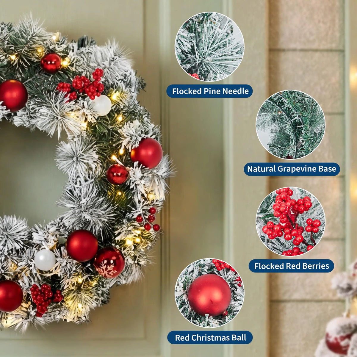 18/22/24in Pre-Lit Flocked Christmas Wreath With Red Ornaments Berries, Battery Warm White Led Snowy Pine Door Wall Mantel Decor