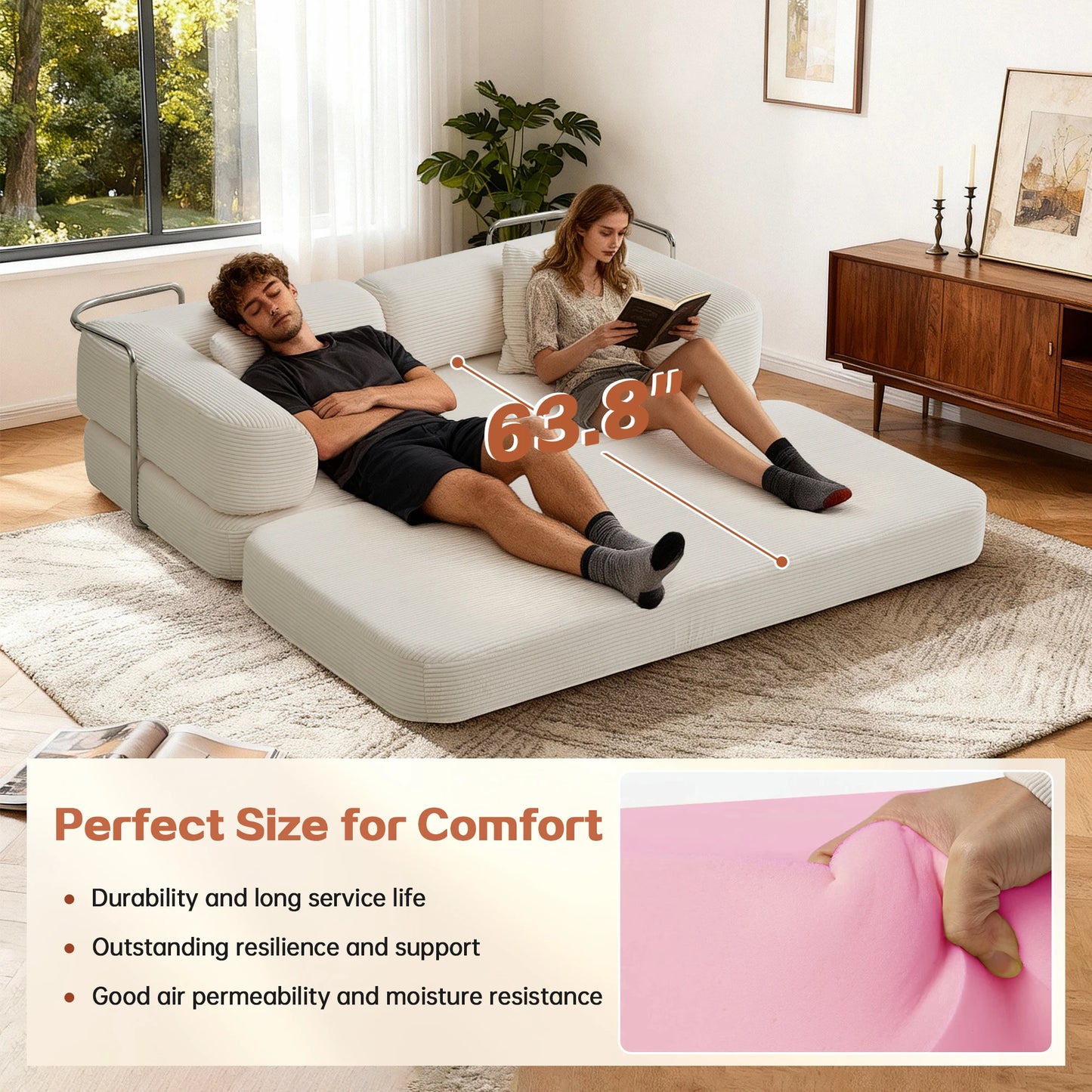 76'' Boneless Couch Futon Sofa Bed Floor Lounge Foldable Convertible Sofa Couch with L‑Shaped Armrests for Living Room Sofas