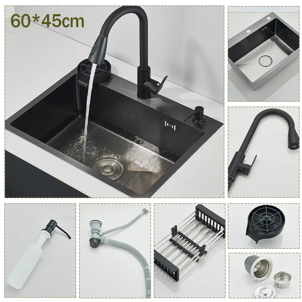 Stainless Steel Kitchen Sink Large Integrated Faucet Sink Dish Basin With Drain Basket Soap Dispenser/Pure Water/Cup Washer