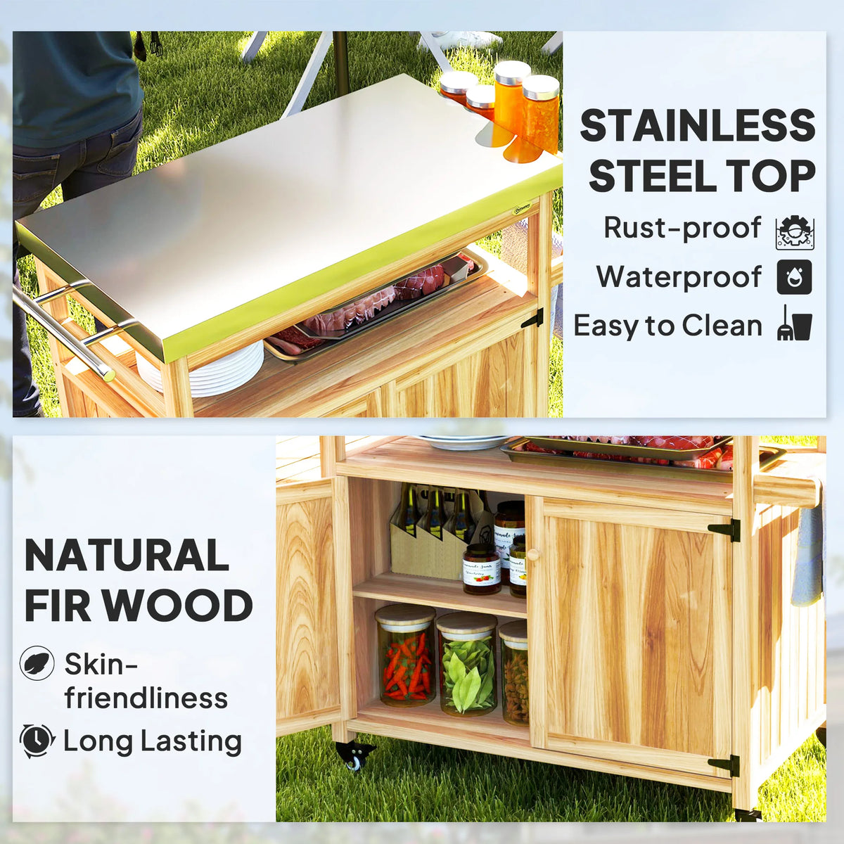 Grill Cart, Kitchen Island with Storage Cabinets, Natural Wood