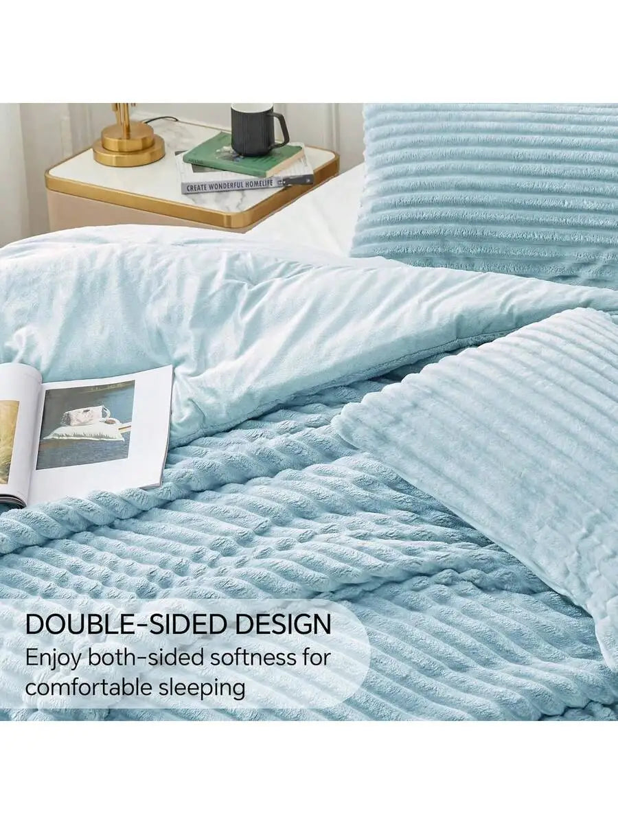Fleece Comforter Set Super Soft Warm Fluffy Light Grey Bedding With 1 Pillowcase