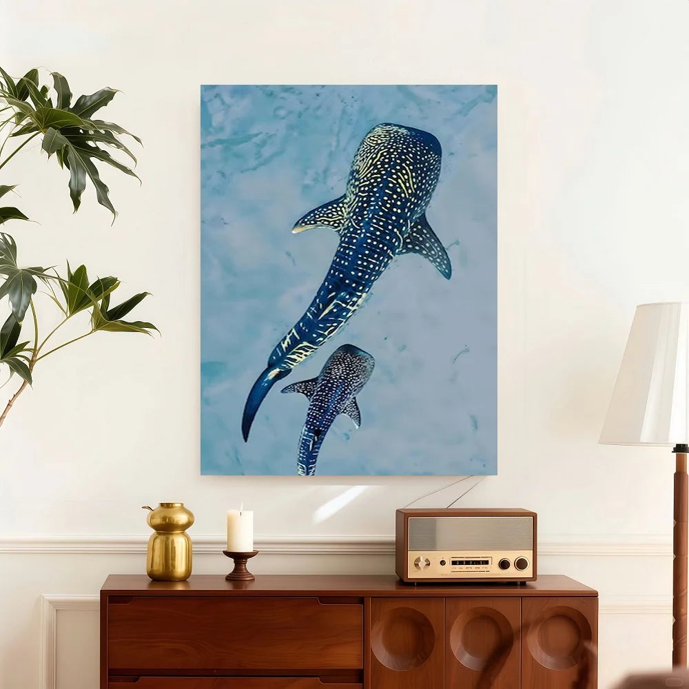 Framed Flat, Suitable for Home Bedroom Wall Decor - Whale Shark Ocean Canvas Painting, Modern Minimalist Marine Art, Multi-Size