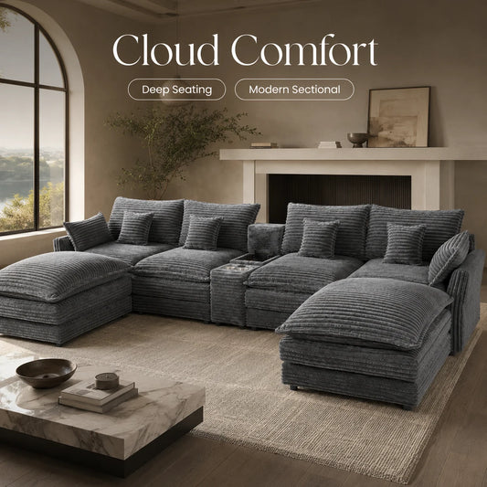 141" 7-Piece U-Shaped Sofa Set, Modular Sectional with Console, Coffee Table & 6 Pillows, for Large Living Room or Office