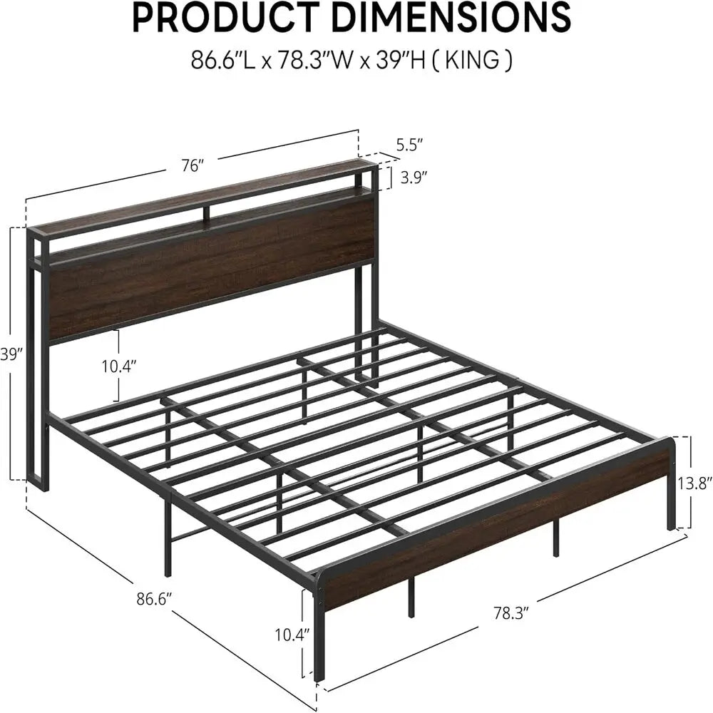 LIKIMIO Full/ King / Queen Bed Frame with Headboard, Dark Wood Camas King with Strong Supports, Noise-Free, No Box Spring Needed