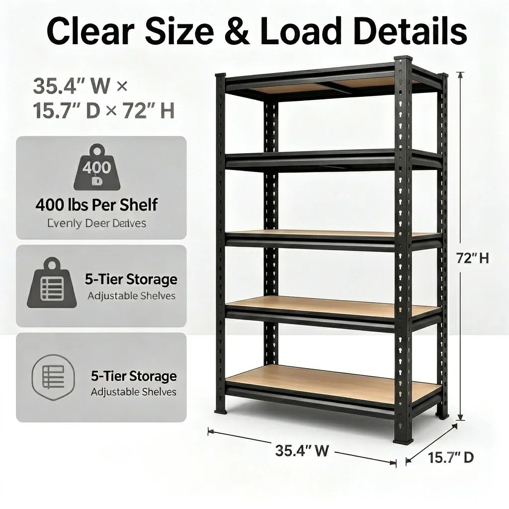 Heavy Duty Metal Storage Rack 5 Tier Adjustable Utility Shelving Unit with MDF Board Garage Organizer Tool Shelf for Basement Warehouse Kitchen Pantry Closet Multi-Purpose Storage Display Rack