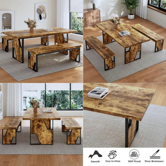 60 Solid Wood Dining Table Set for 6, Farmhouse Kitchen Table with 4 Upholstered Chairs amp Bench, 6Piece Dining Room amp Livin