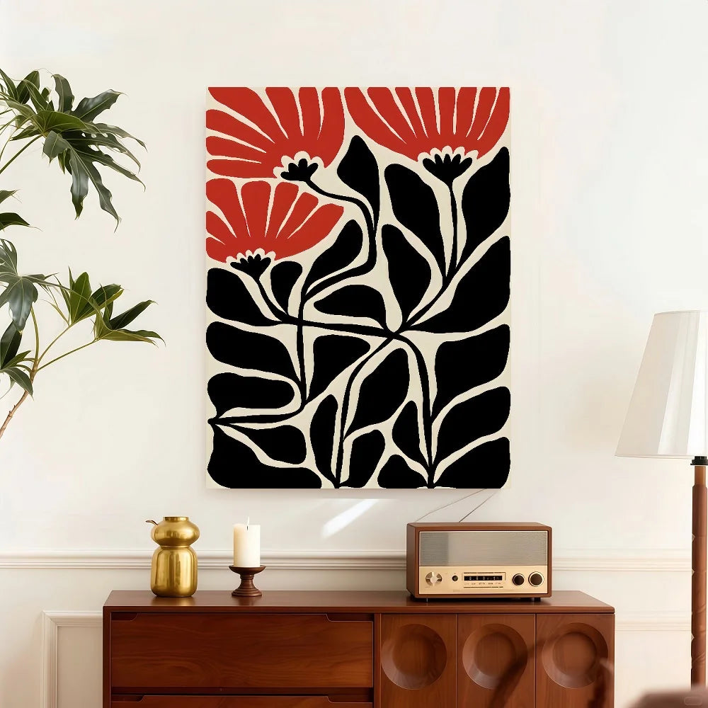 1pc Vibrant Boho Wall Art Print – Modern Canvas Decor With Wooden Frame, Black & Orange Floral Design, Perfect For Home Office O