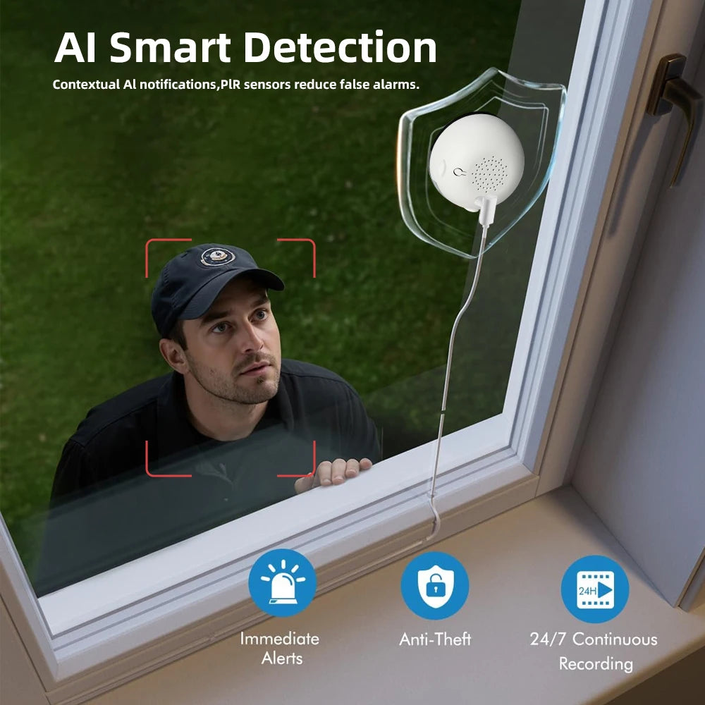2K HD WiFi Window Security Camera 2.4G Wireless Indoor Surveillance Cam Two Way Audio Night Vision Motion Detection Support 128GB SD Card Easy Adhesive Installation Home Monitor Camera