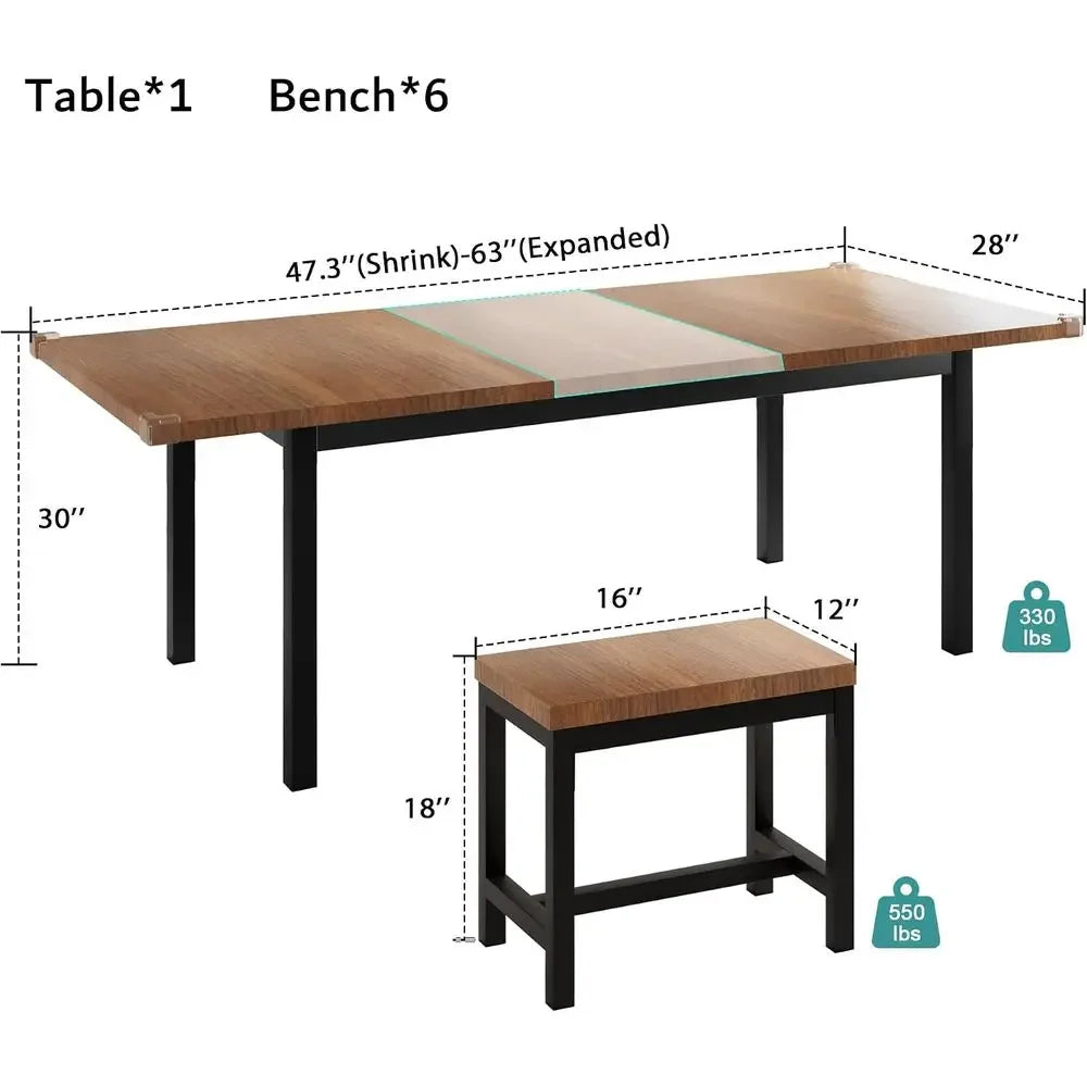 7-Piece Dining Table Set with 6 Stools, 63" Exble Kitchen Table Set or 4-8, ern Dining Room Table with Sturdy Metal e, Space-Sav
