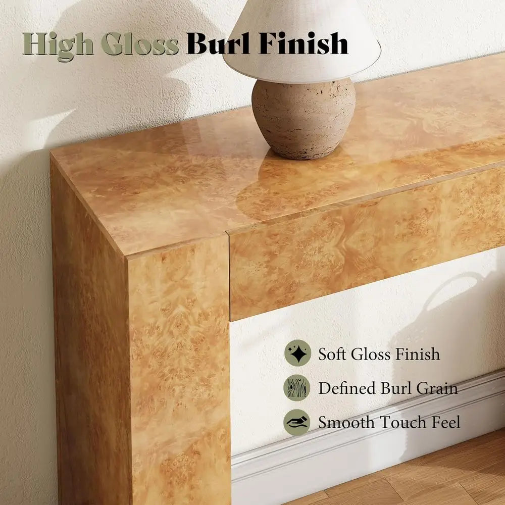 63 Modern Burl Wood Entry Table with 2 Drawers, Ideal for Sofa Back or Foyer, Suitable for Hallway and Living Room, Natural Fini