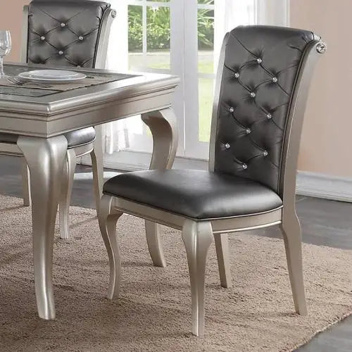 Dining Table Rectangle Glass inert Top Silver Hue 7pc Dining Table 6x Side Chairs Tufted Back Dining Room Furniture