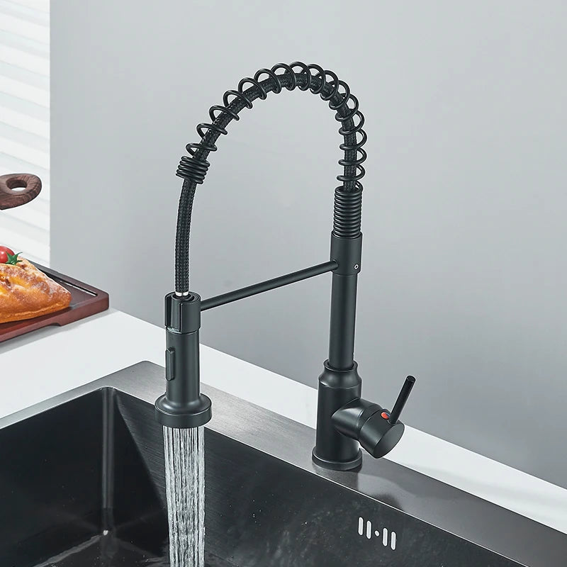 Black Flexible Kitchen Faucet Pull Down Spring Hot Cold Water Mixer Tap 360° Swivel Stream Sprayer Nozzle Kitchen Sink Tap Crane