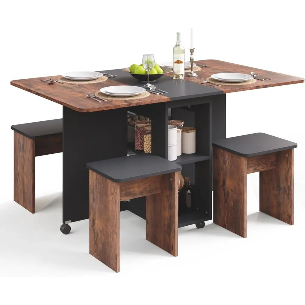 Space-Saving 4-Piece Dining Set with Drop Leaf Table and Chairs, Storage and Wheels, Rustic Brown & Black Kitchen Dining
