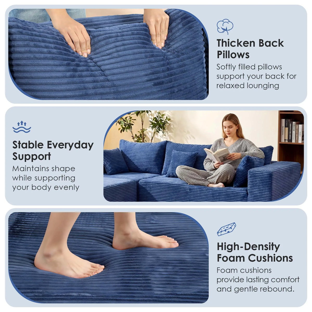 Redlife 107" Boneless Couch with Ottoman, 6 Seat Modular Sectional Sofa,Blue Corduroy Upholstery,28" Deep Seat,Removable Covers