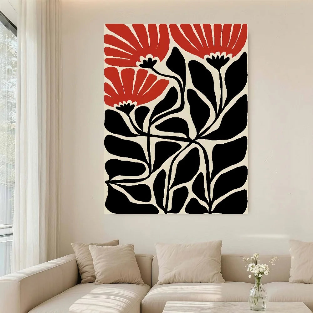 1pc Vibrant Boho Wall Art Print – Modern Canvas Decor With Wooden Frame, Black & Orange Floral Design, Perfect For Home Office O