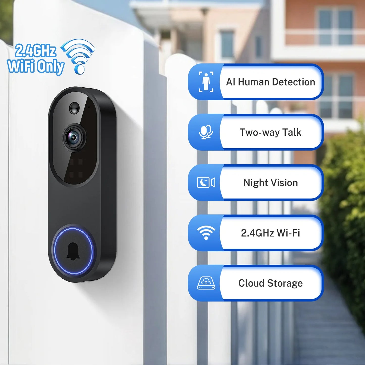 Smart video doorbell with wireless remote video intercom, human detection, HD night vision, and smart home monitoring
