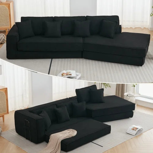 Combination convertible black sofa, 3-seater, foldable convertible sleeper sofa bed, 2-in-1, lamb wool fabric