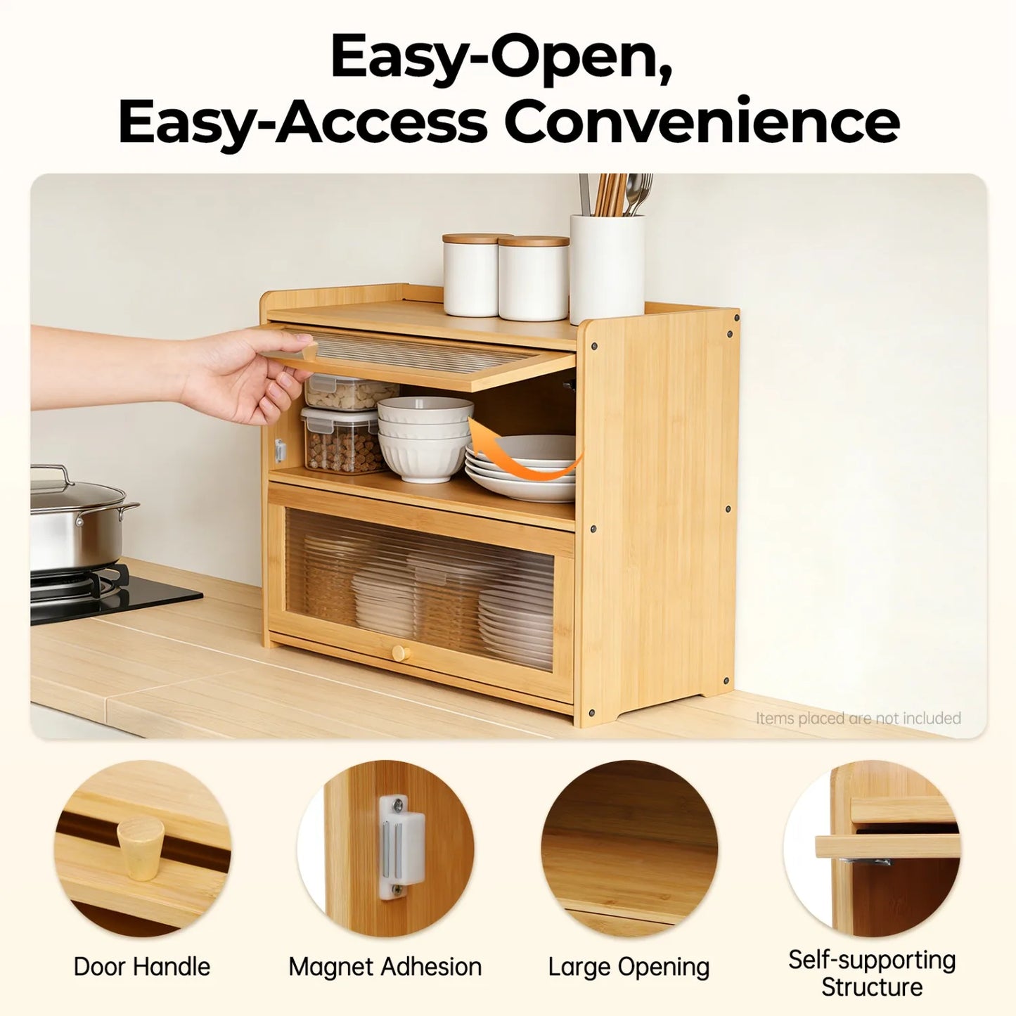 2-Tier Bamboo Storage Cabinet with Acrylic Doors,with Dustproof Design, Each Tier Bearing  About 33.07lbs, for Kitchen, Bathroom, Office