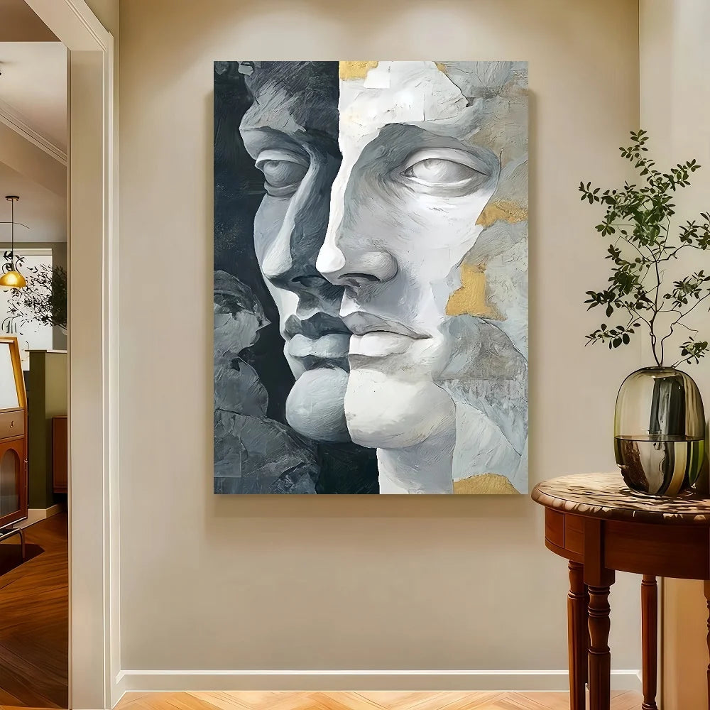 Framed Flat, 1pc Modern Minimalist Abstract Face Wall Art - Black & White Framed Canvas Suitable For Home Decor, Office, - Wrap-