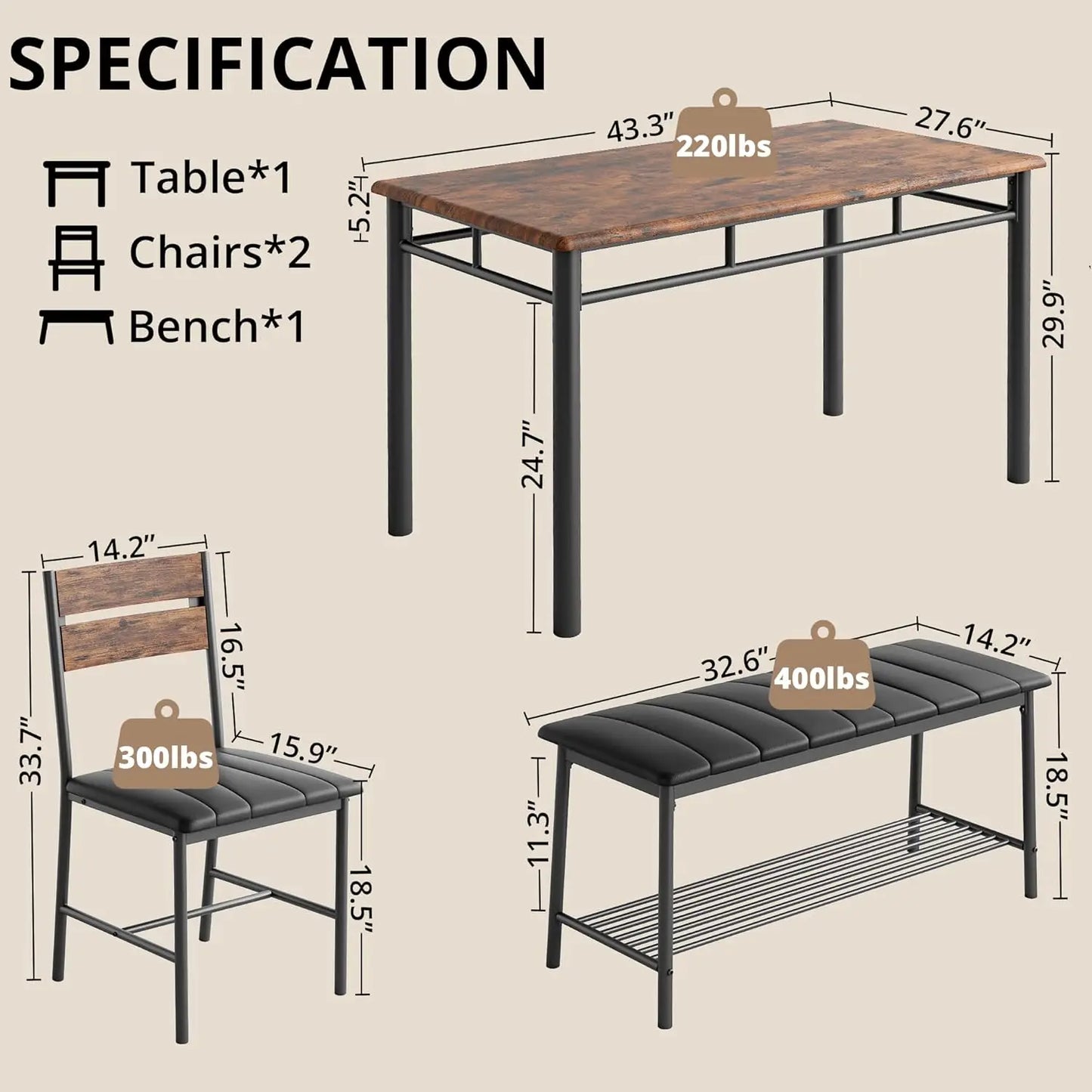 IRONCK Dining Table Set for 4, Kitchen Table with Upholstered Bench and 2 Chairs, Kitchen Table and Chairs Set for Small Space