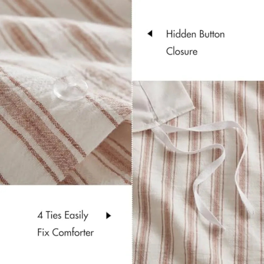 Duvet Cover Set for Hot Sleepers - Linen Cotton Rayon Blend Size 3 Pcs Set with Shams - Lightweight and Breathable Bedding Stri