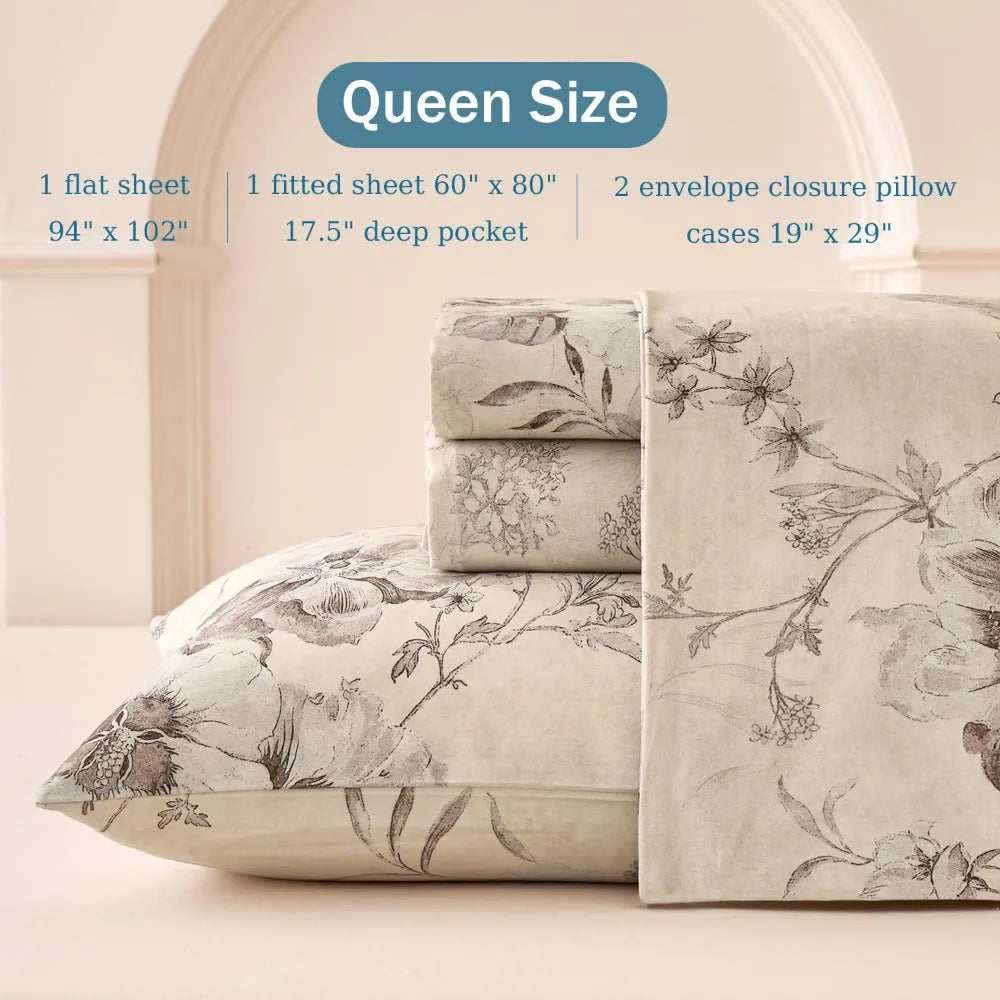 Beige Queen Sheet Set 100% Cotton Flannel-Like Warm Luxury Peony Toile Floral Bed Sheets 4Pc Deep Pocket 17.5", Double Brushed Extra Soft Breathable, Fall/Winter French Country Bedding