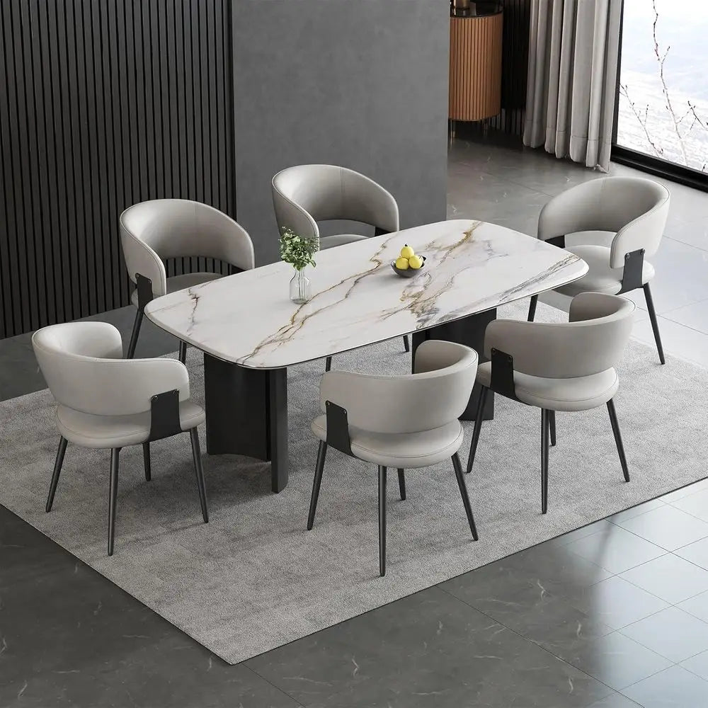6-Piece Modern Dining Set: Curved Back Leather Chairs with Metal Legs for Kitchen or Dining Room (Light Gray)