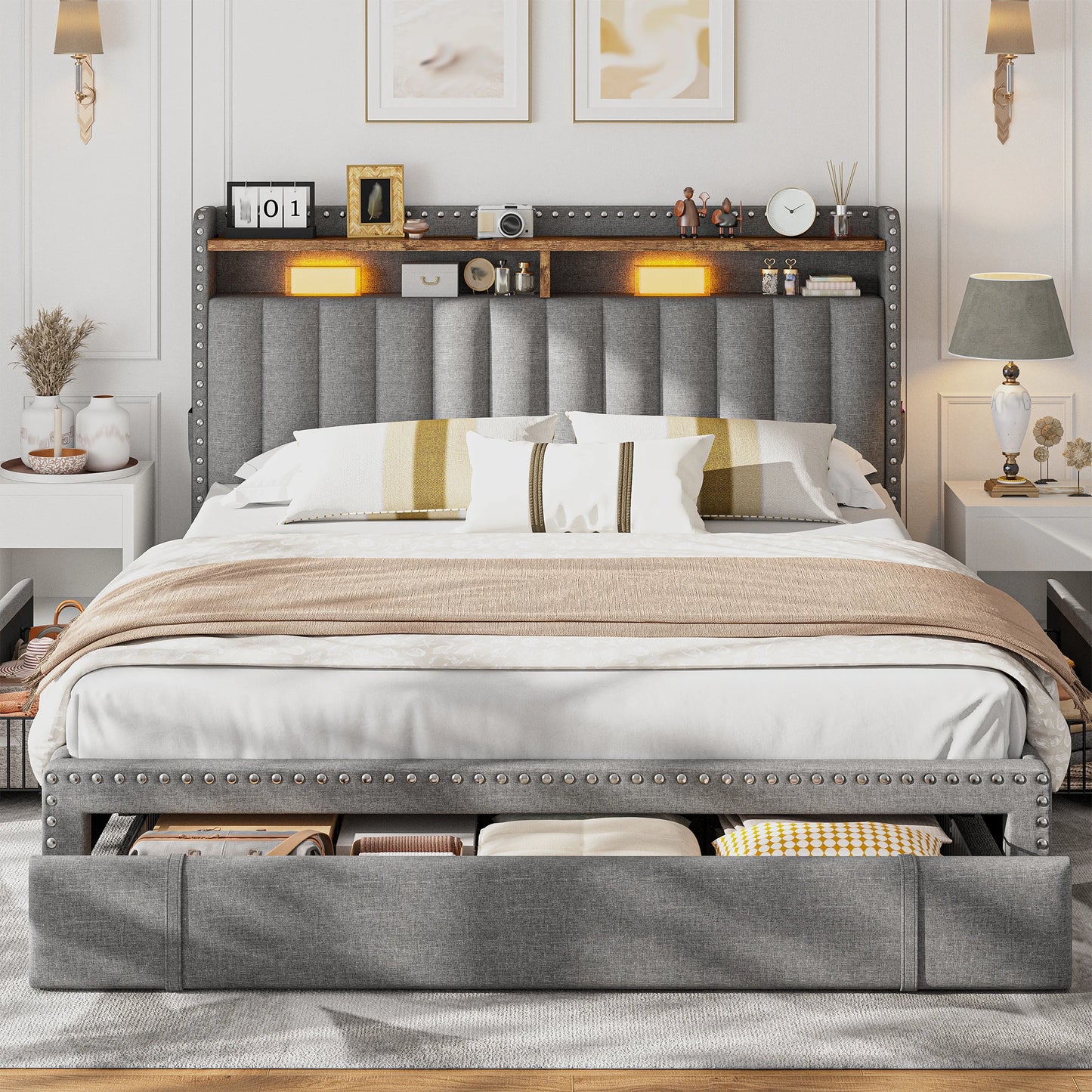 EnHomee Full/Queen/King Bed Frame with 3 Drawers & 2-Tier Storage Headboard,Upholstered Platform Bed Frame, No-Noise
