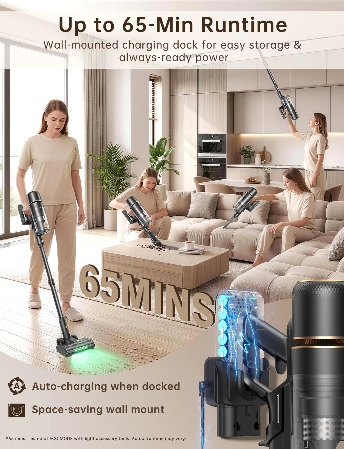 60kPa 600W Cordless Stick Vacuum Cleaner 60mins Runtime Self-Cleaning Roller Self Standing Anti Hair Tangle Wireless Vacuum With Green LED Dust Detection For Home Carpet Pet Hair Cleaning