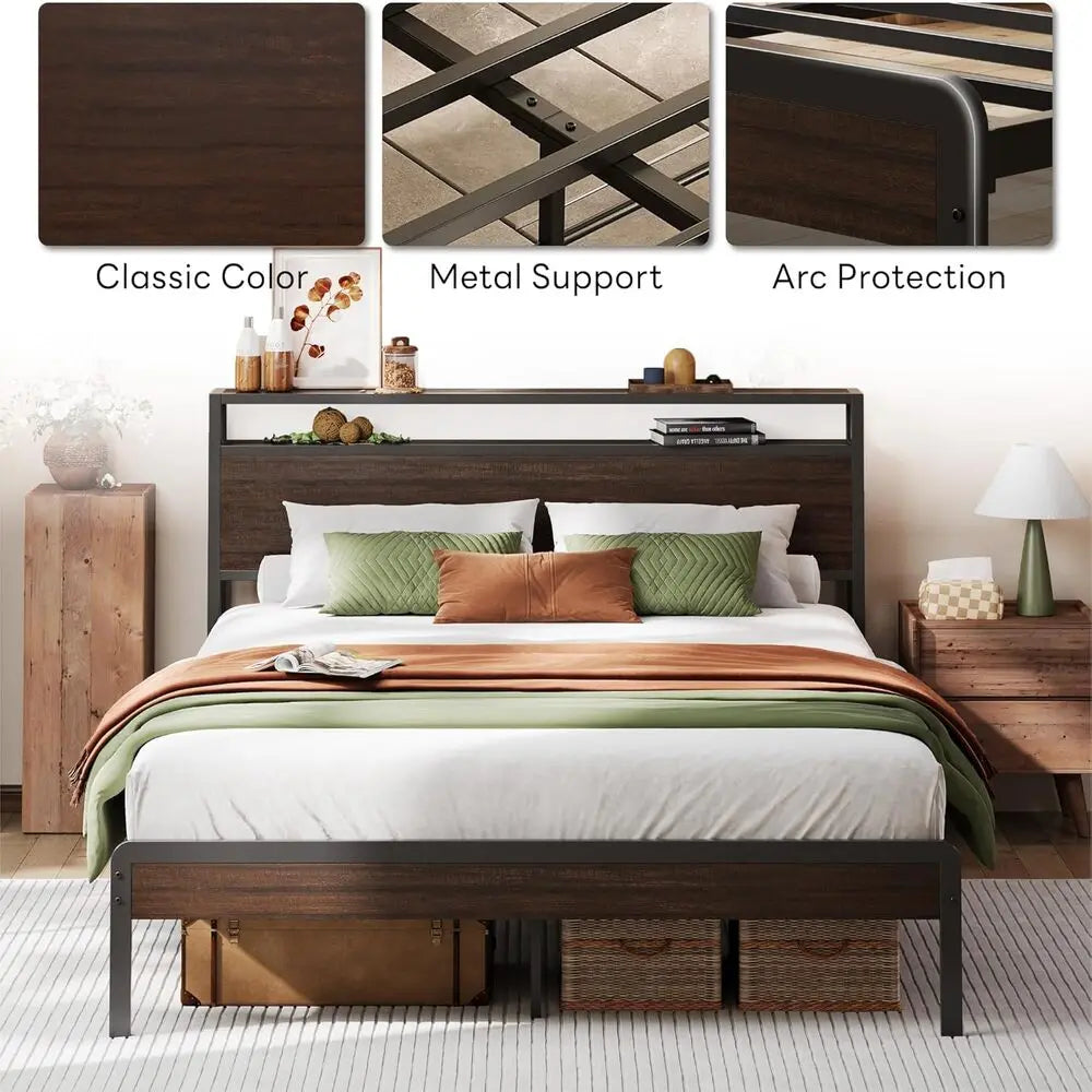 LIKIMIO Full/ King / Queen Bed Frame with Headboard, Dark Wood Camas King with Strong Supports, Noise-Free, No Box Spring Needed