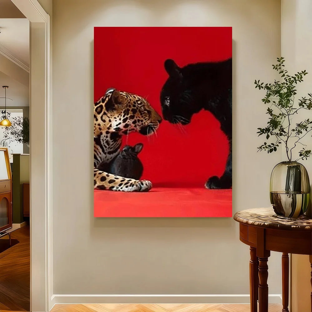 Framed 1pc Framed Leopard Print Canvas Wall Art - Modern Black & White Animal Portrait With Red Background, Perfect For Living R